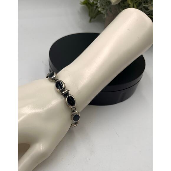 Sterling Silver 925 Vintage Ten Oval Onyx Inlay Linked Bracelet 15.7 Gram, Sz 7 - Picture 5 of 11